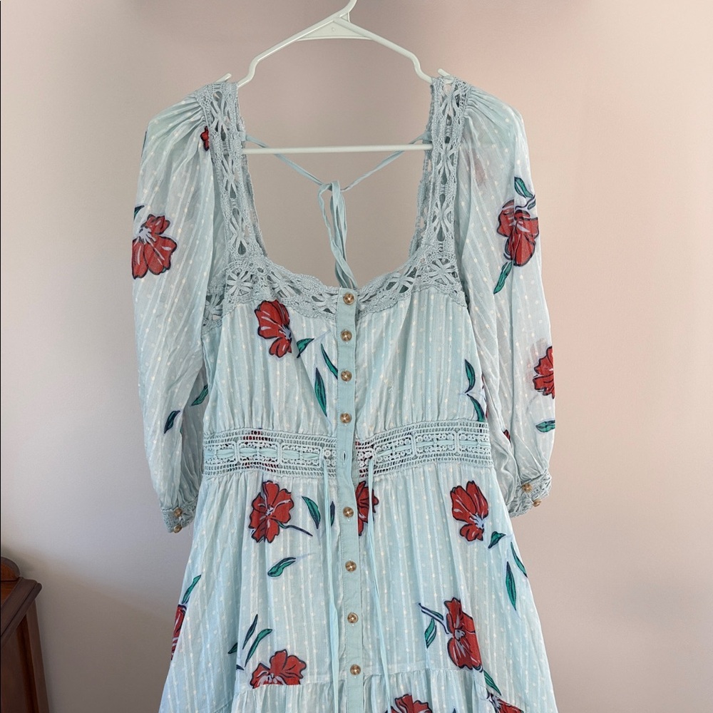 Free People Light Blue Maxi Dress with Red Floral Print